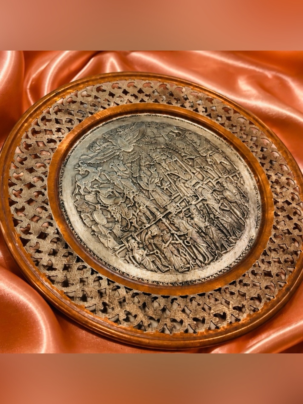 LRG Original Fine Art Vintage Iran Iraq Persian Display Plate RARE Copper Silver - Picture 4 of 13